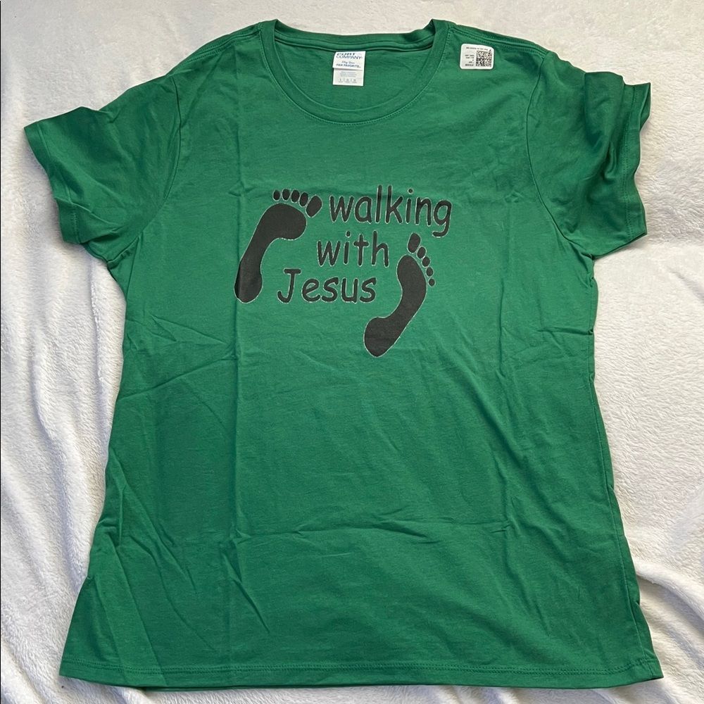 Walking with Jesus Green T-Shirt (Ladies L)